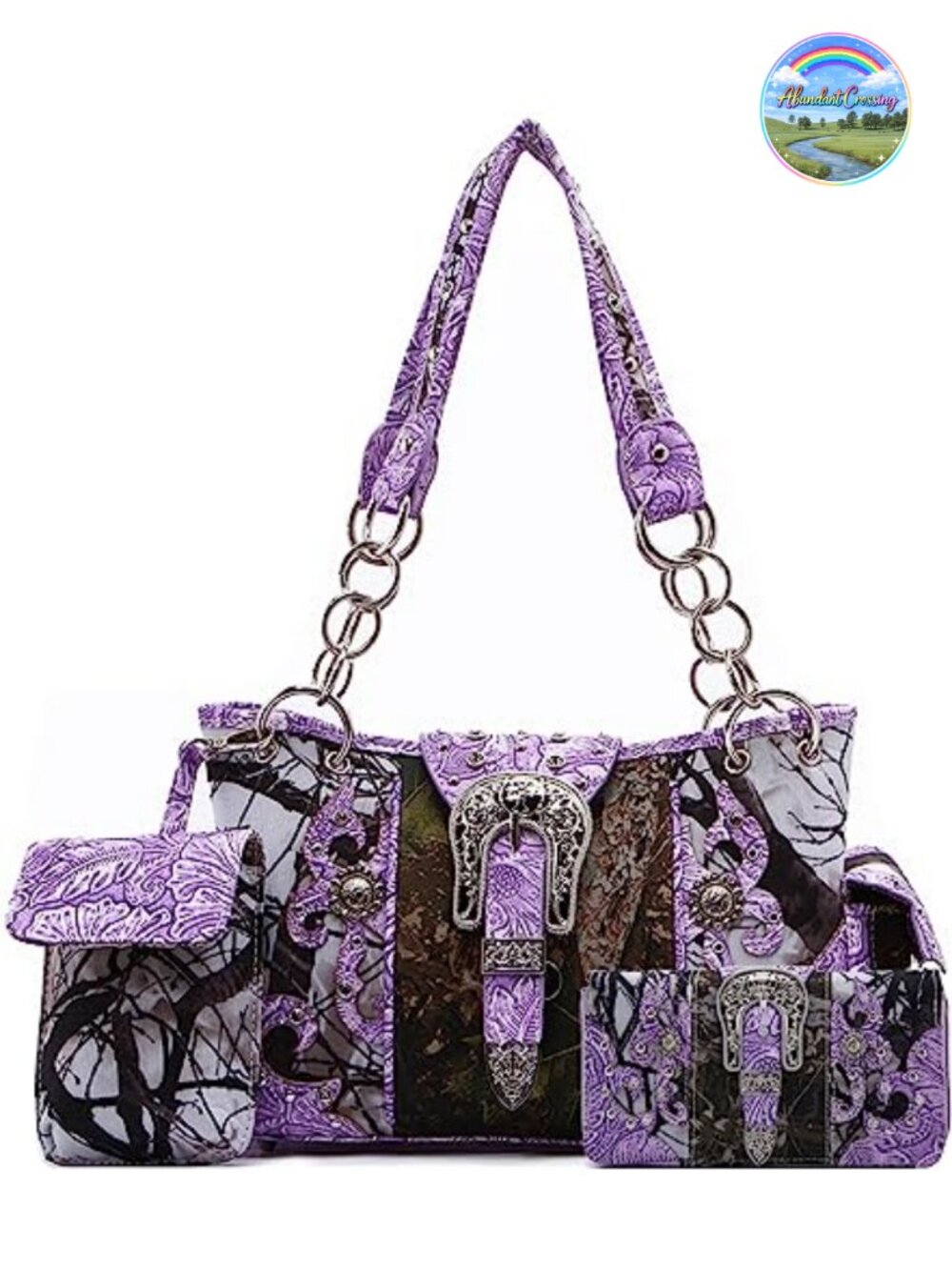 3-Piece Camouflage Western Purse Set with Faux Leather Trim for Women